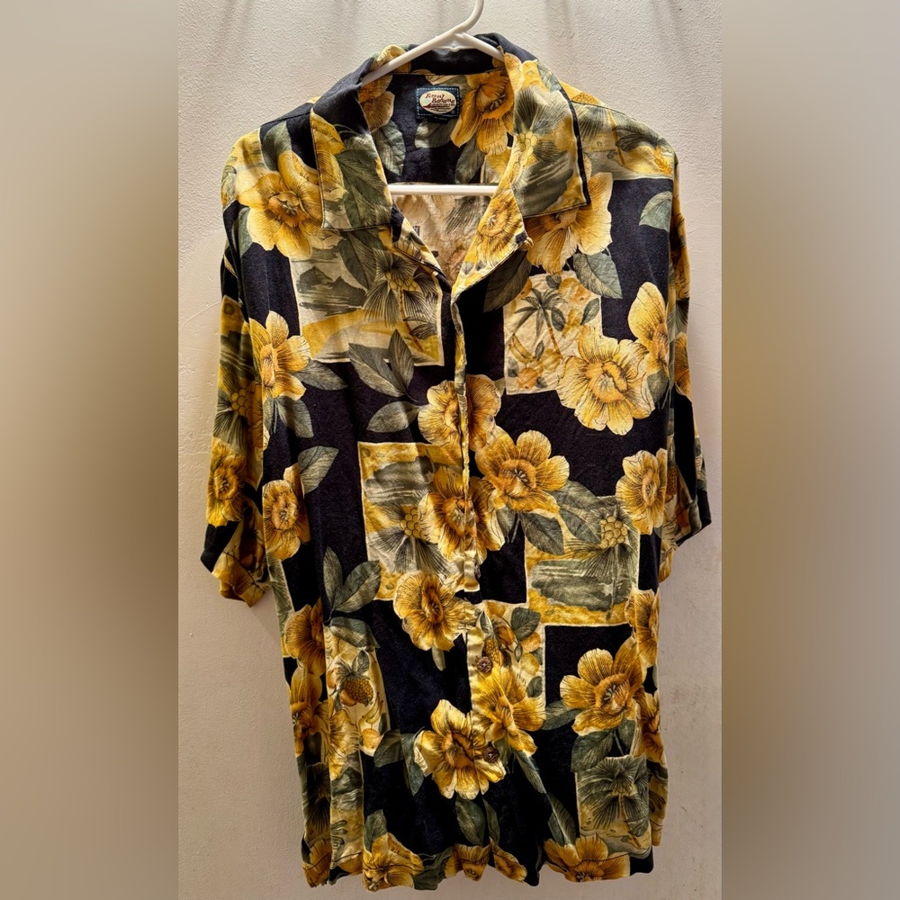 Tommy Bahama Black and Gold Floral Shirt
